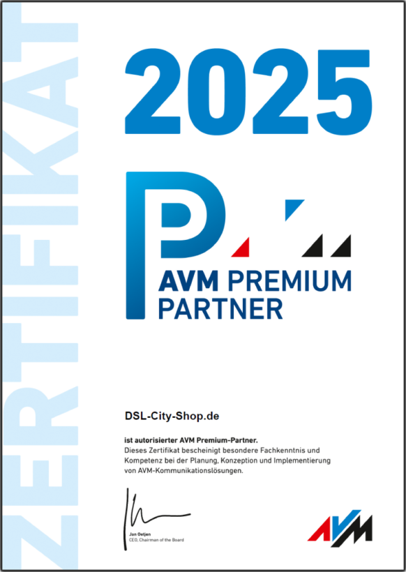 [Original AVM Premium-Partner Zertifikat 2025 für DSL-City-Shop.de ]