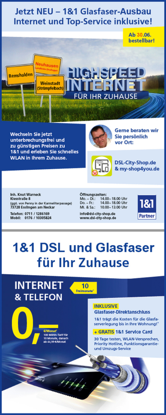 1&1 Glasfaser-Netzausbau in Denkendorf, Remshalden und Weinstadt (Strümpfelbach) ab 01.06.2022