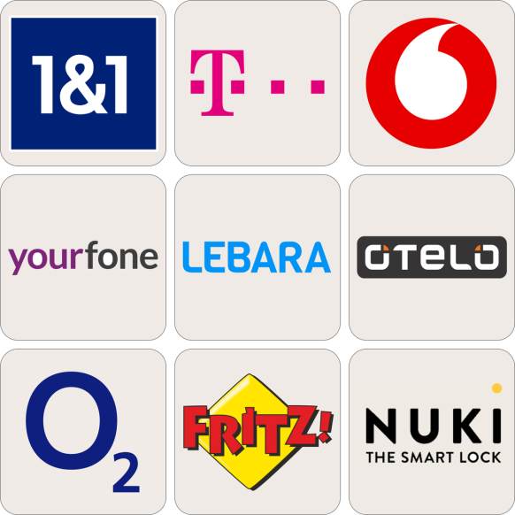 Unsere starken Partner: 1&1, Telekom, Vodafone, yourfone, Lebara, Otelo, o2, AVM (Fritzbox), Nuki