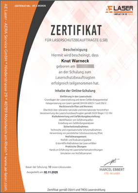 Zertifizierung zum Laserschutzbeauftragten (LSB)
