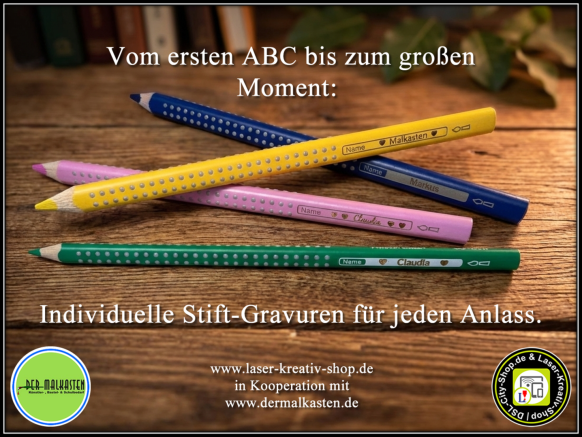 Vom ersten ABC bis zum großen Moment: Individuelle Stift-Gravuren für jeden Anlass. - In Kooperation mit DER MALKASTEN: Hochwertiges kaufen was dann personalisiert & veredelt wird.